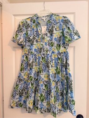 Crown & Ivy Blue Floral Tiered Mini Dress with Green and Yellow Accents